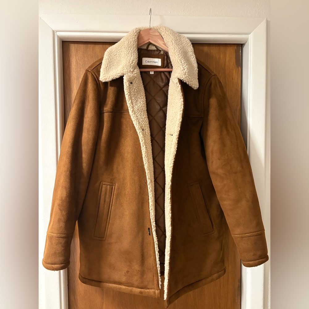 Calvin Klein Men’s Caramel Brown Faux Shearling Coat Jacket
